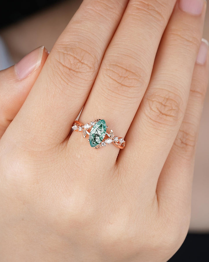 Unique Marquise Cut Moss Agate Engagement Ring, Nature Inspired Leaf Diamond Wedding Ring Vintage Rose Gold Twig Promise Ring Gift for Women