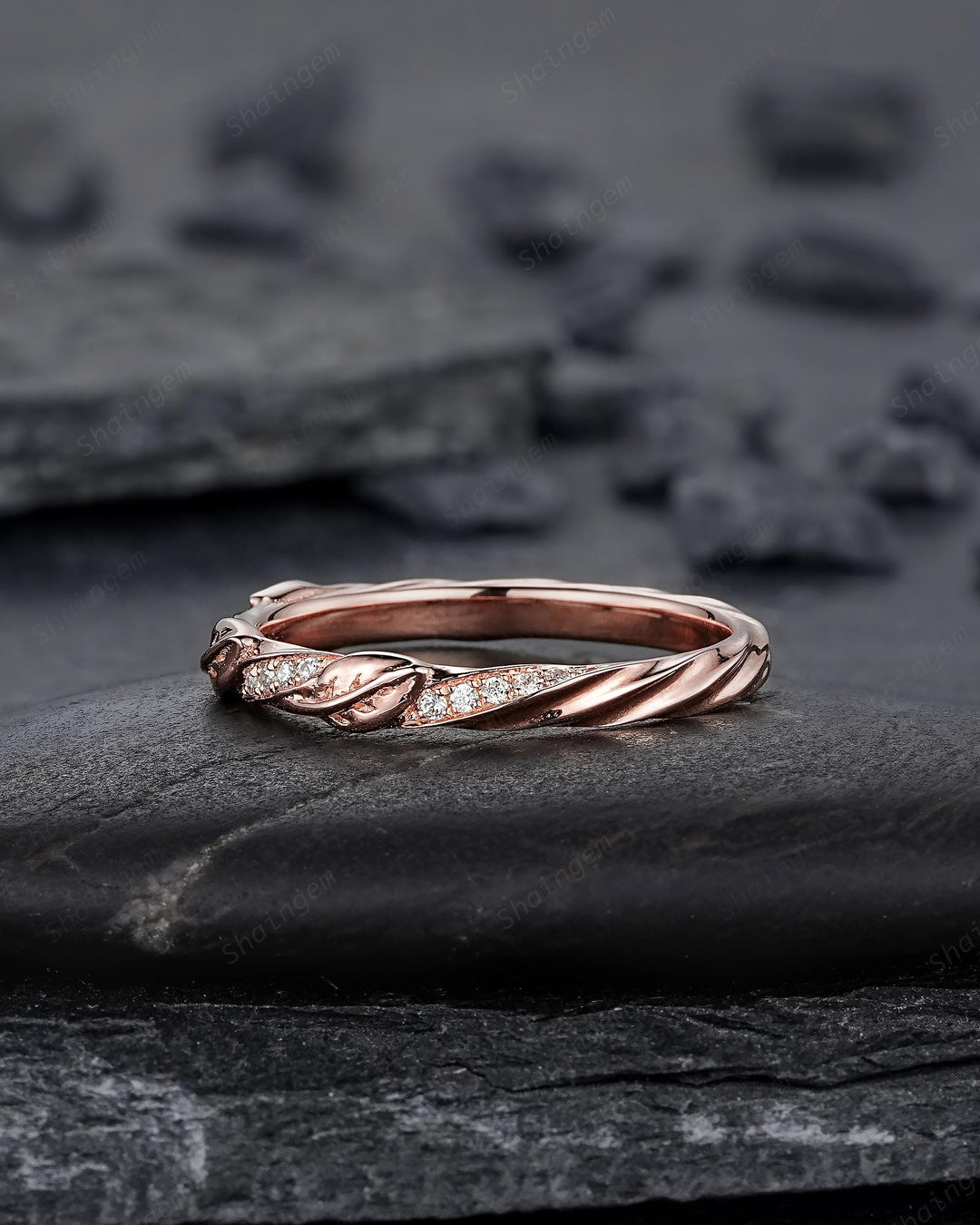Platinum Diamond Twist Leaf Wedding Band, Unique Half Eternity Moissanite Engagement Promise Ring Rose Gold Straight Matching Band for Woman - ShainJewelry