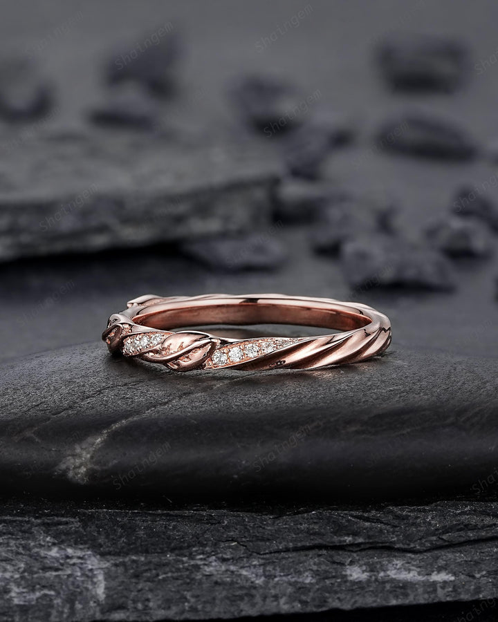 Platinum Diamond Twist Leaf Wedding Band, Unique Half Eternity Moissanite Engagement Promise Ring Rose Gold Straight Matching Band for Woman - ShainJewelry