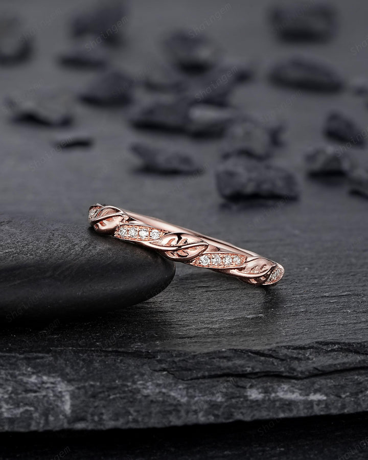Platinum Diamond Twist Leaf Wedding Band, Unique Half Eternity Moissanite Engagement Promise Ring Rose Gold Straight Matching Band for Woman - ShainJewelry