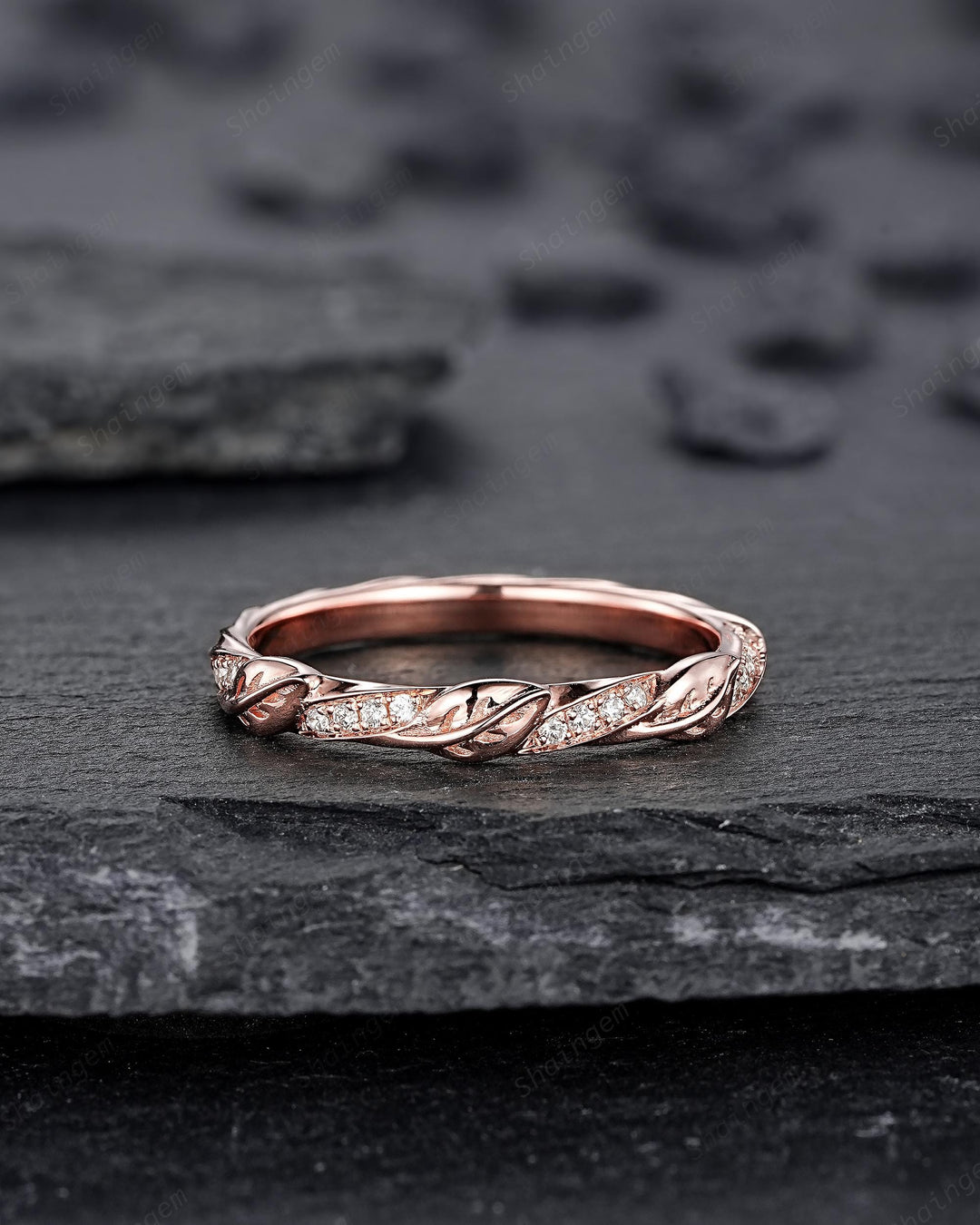 Platinum Diamond Twist Leaf Wedding Band, Unique Half Eternity Moissanite Engagement Promise Ring Rose Gold Straight Matching Band for Woman - ShainJewelry