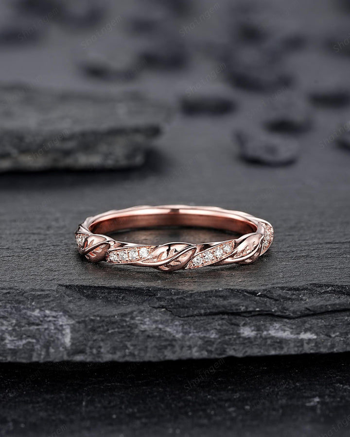 Platinum Diamond Twist Leaf Wedding Band, Unique Half Eternity Moissanite Engagement Promise Ring Rose Gold Straight Matching Band for Woman - ShainJewelry
