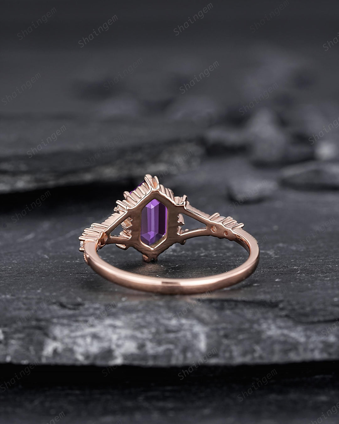Long Hexagon Purple Sapphire Diamond Engagement Ring, Unique Split Shank Milgrain Wedding Ring, Rose Gold Moissanite Promise Ring for Women - ShainJewelry