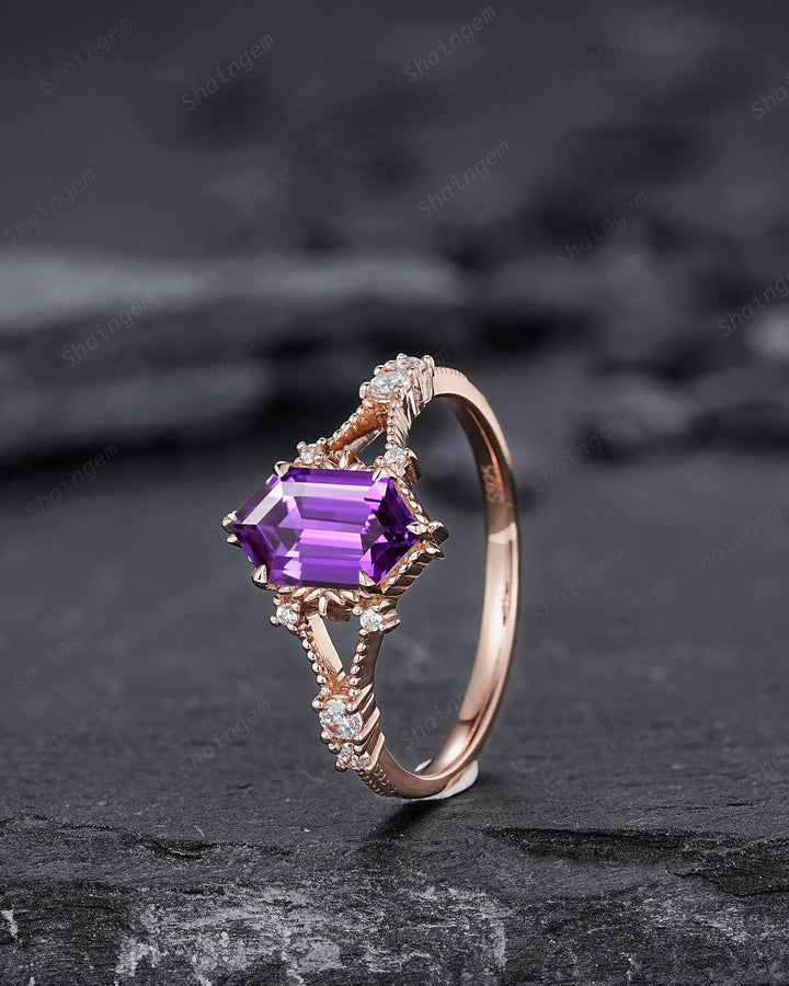 Long Hexagon Purple Sapphire Diamond Engagement Ring, Unique Split Shank Milgrain Wedding Ring, Rose Gold Moissanite Promise Ring for Women - ShainJewelry
