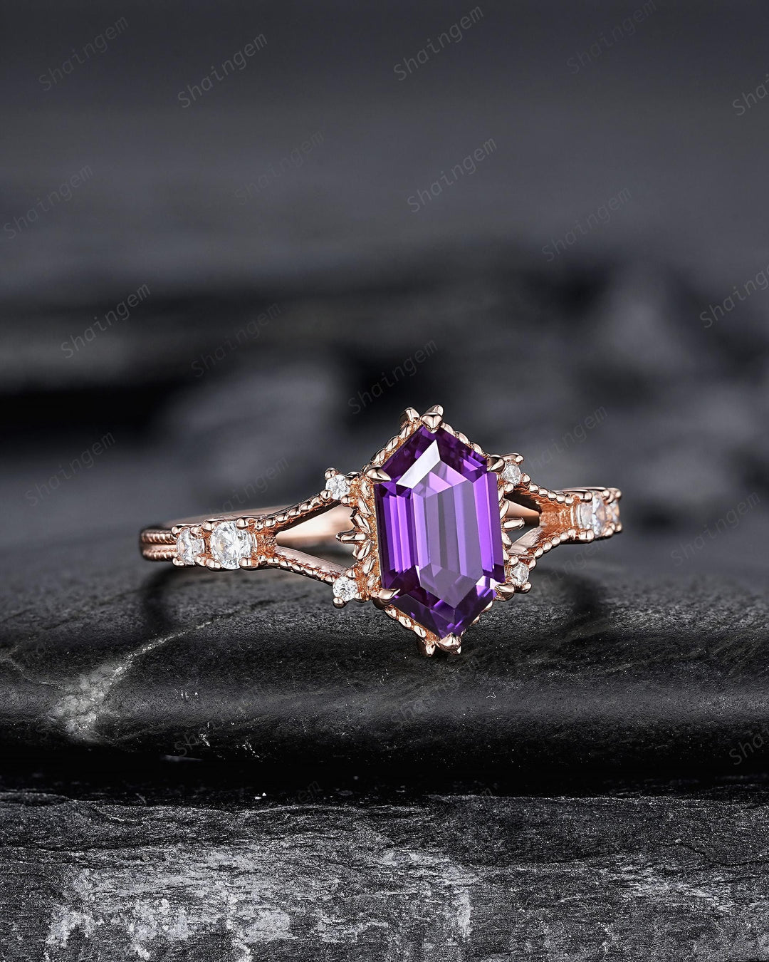 Long Hexagon Purple Sapphire Diamond Engagement Ring, Unique Split Shank Milgrain Wedding Ring, Rose Gold Moissanite Promise Ring for Women - ShainJewelry