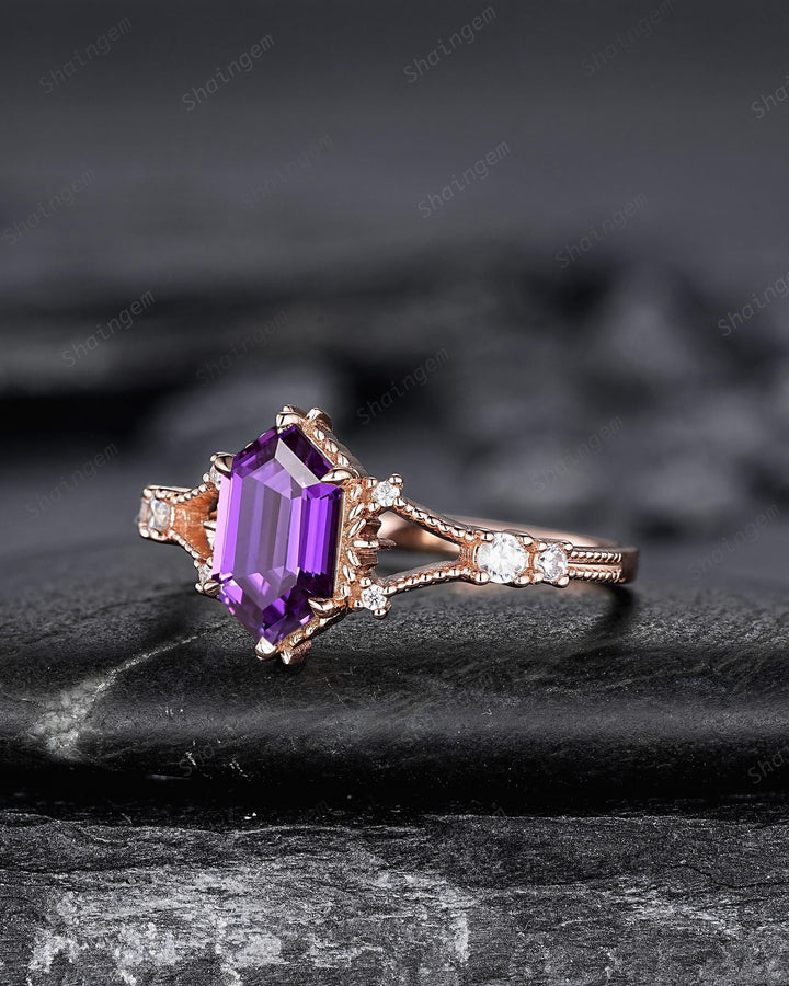 Long Hexagon Purple Sapphire Diamond Engagement Ring, Unique Split Shank Milgrain Wedding Ring, Rose Gold Moissanite Promise Ring for Women - ShainJewelry