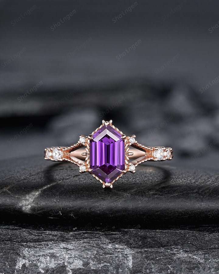 Long Hexagon Purple Sapphire Diamond Engagement Ring, Unique Split Shank Milgrain Wedding Ring, Rose Gold Moissanite Promise Ring for Women - ShainJewelry