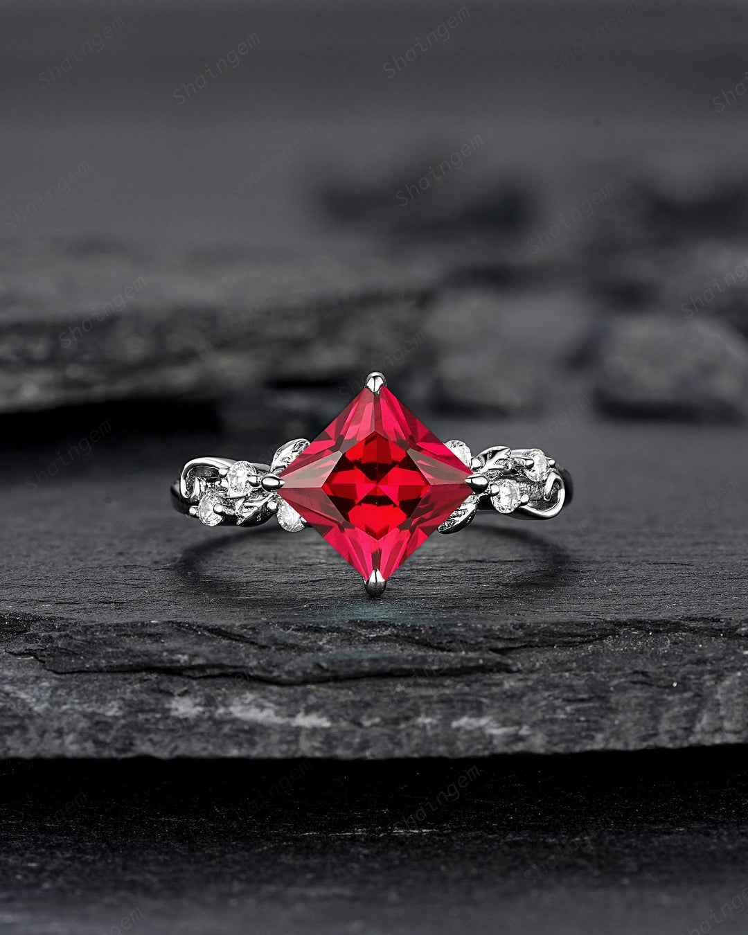 Platinum Princess Cut Ruby Leaf Engagement Ring, White Gold July Birthstone Wedding Promise Ring, Sterling Silver 925 Ring Gift for Woman - ShainJewelry