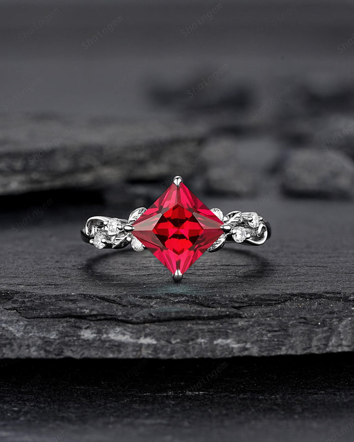 Platinum Princess Cut Ruby Leaf Engagement Ring, White Gold July Birthstone Wedding Promise Ring, Sterling Silver 925 Ring Gift for Woman - ShainJewelry
