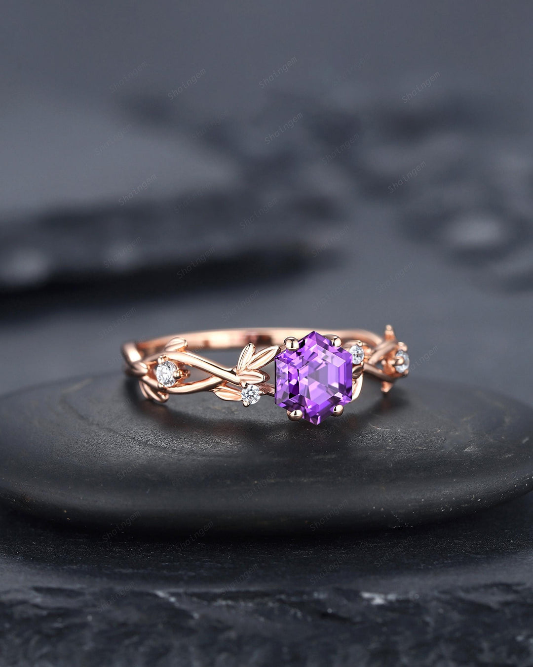 Vintage Hexagon Cut Purple Sapphire Leaf Engagement Ring Nature Inspired Dainty Twig Promise Ring Unique Rose Gold Wedding Ring for Women - ShainJewelry