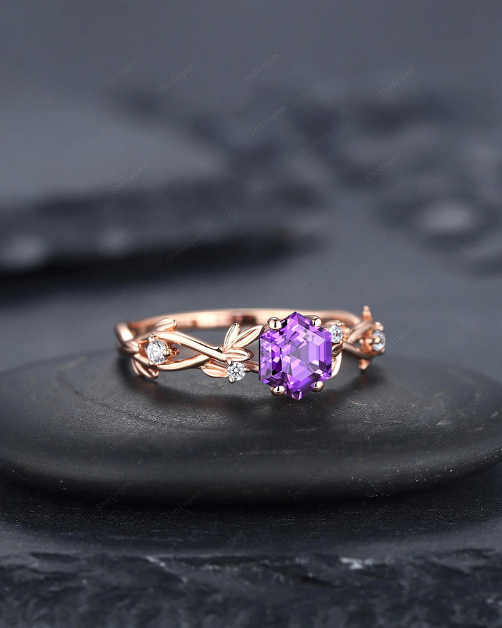 Vintage Hexagon Cut Purple Sapphire Leaf Engagement Ring Nature Inspired Dainty Twig Promise Ring Unique Rose Gold Wedding Ring for Women - ShainJewelry