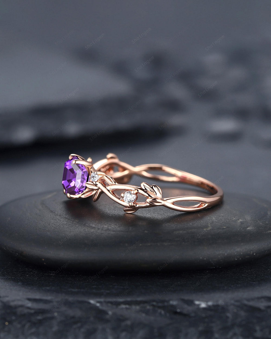 Vintage Hexagon Cut Purple Sapphire Leaf Engagement Ring Nature Inspired Dainty Twig Promise Ring Unique Rose Gold Wedding Ring for Women - ShainJewelry