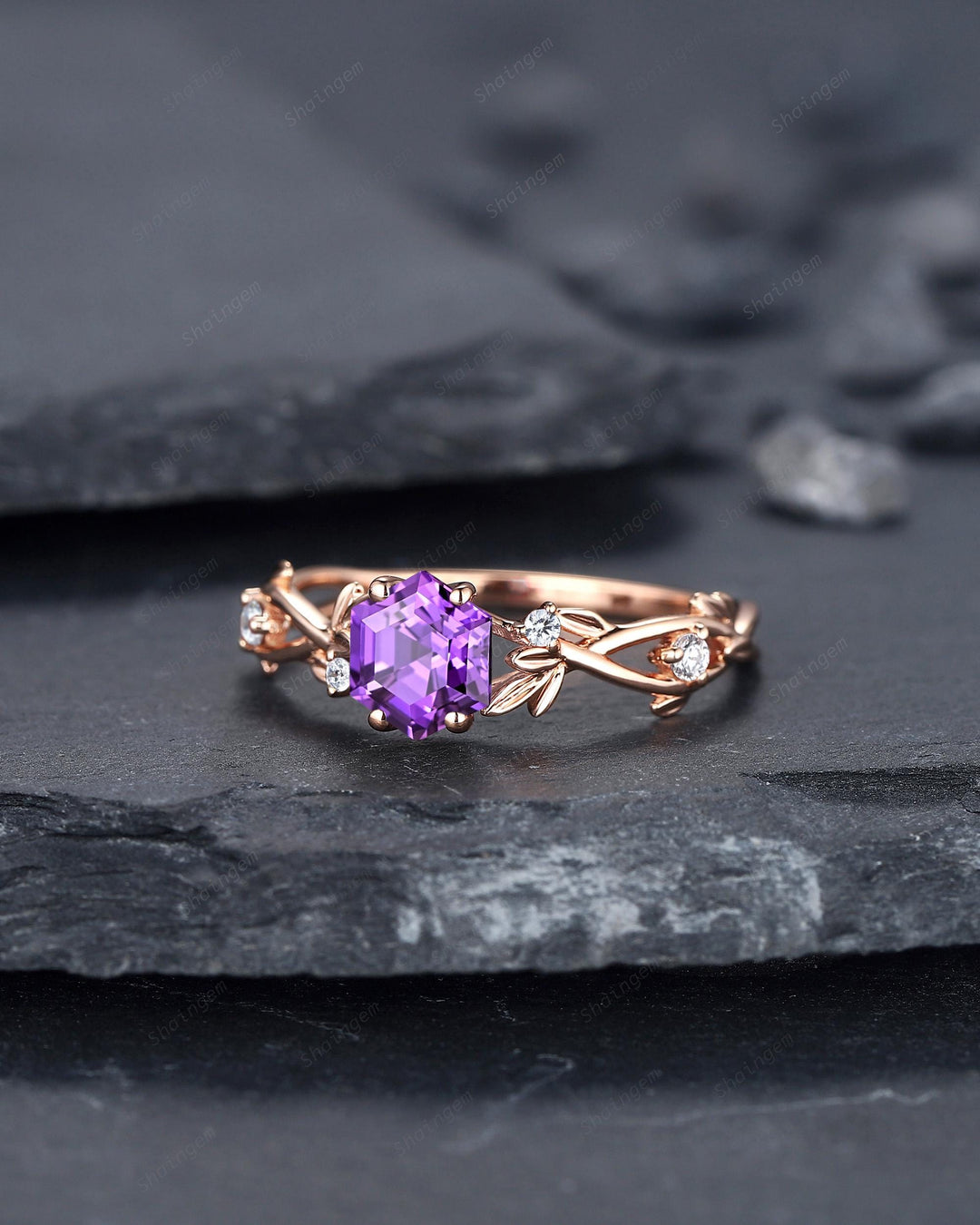 Vintage Hexagon Cut Purple Sapphire Leaf Engagement Ring Nature Inspired Dainty Twig Promise Ring Unique Rose Gold Wedding Ring for Women - ShainJewelry