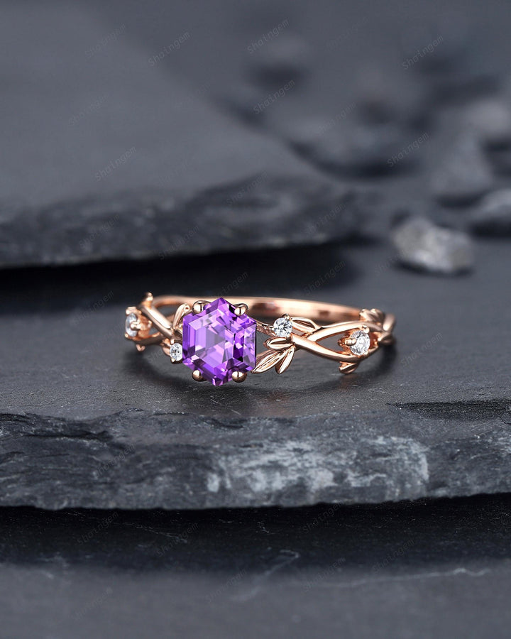 Vintage Hexagon Cut Purple Sapphire Leaf Engagement Ring Nature Inspired Dainty Twig Promise Ring Unique Rose Gold Wedding Ring for Women - ShainJewelry