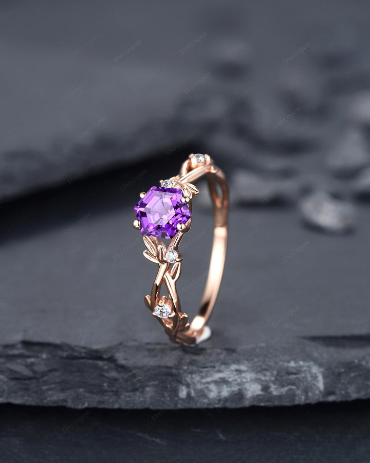 Vintage Hexagon Cut Purple Sapphire Leaf Engagement Ring Nature Inspired Dainty Twig Promise Ring Unique Rose Gold Wedding Ring for Women - ShainJewelry