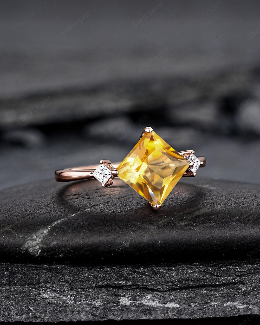 Vintage Princess Cut Natural Yellow Citrine Engagement Ring, Unique Rose Gold Three Stones Wedding Promise Ring Anniversary Gift for Women - ShainJewelry