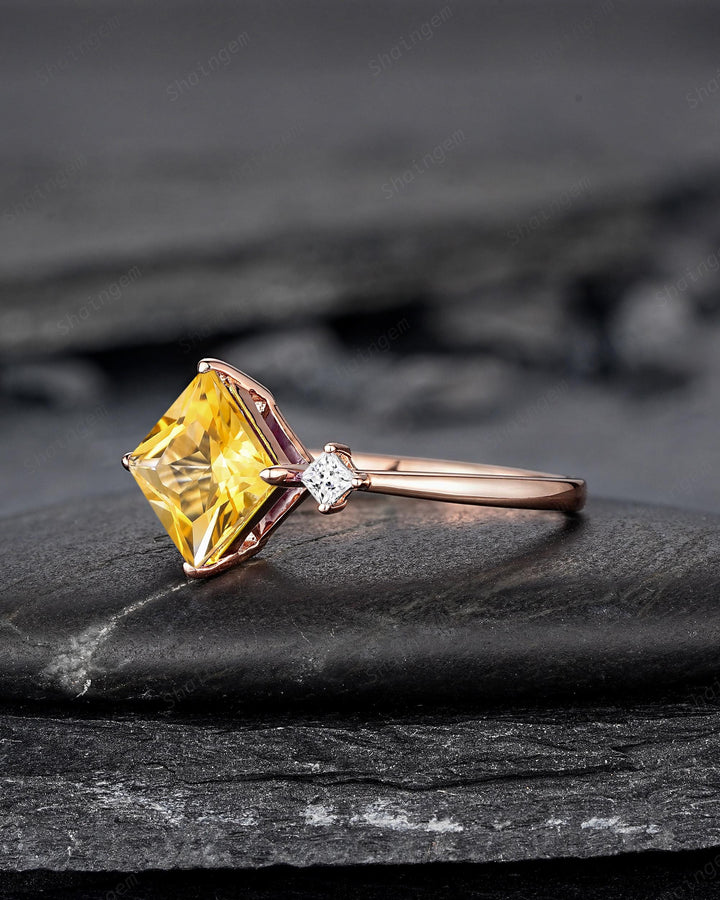 Vintage Princess Cut Natural Yellow Citrine Engagement Ring, Unique Rose Gold Three Stones Wedding Promise Ring Anniversary Gift for Women - ShainJewelry