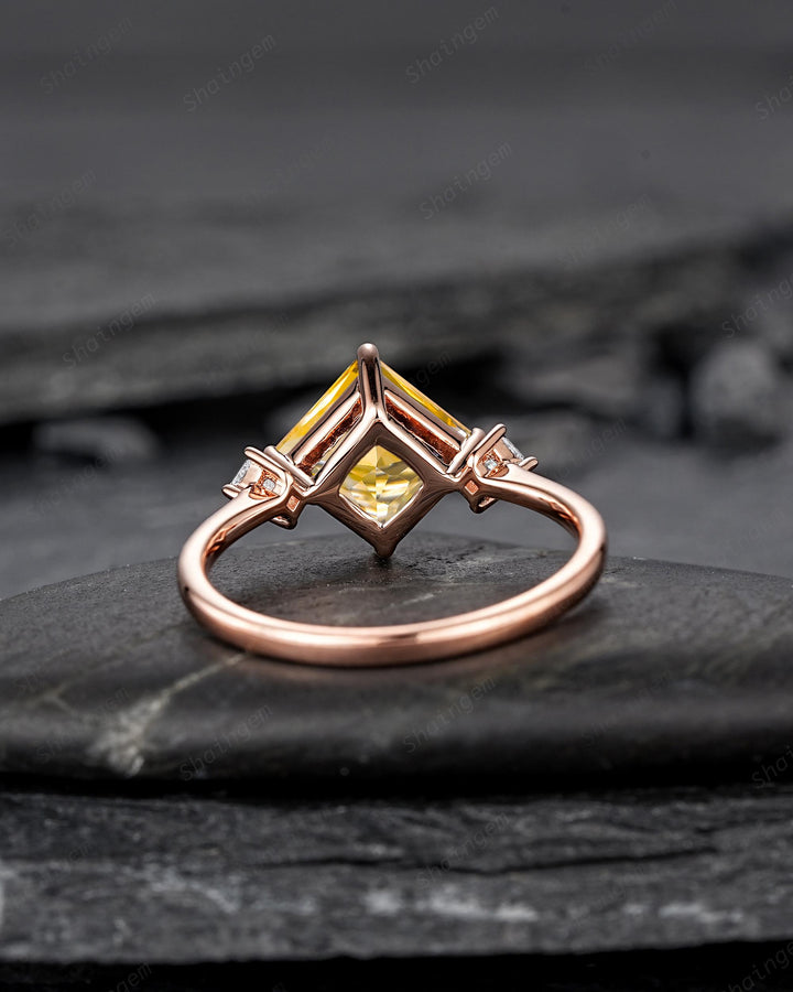 Vintage Princess Cut Natural Yellow Citrine Engagement Ring, Unique Rose Gold Three Stones Wedding Promise Ring Anniversary Gift for Women - ShainJewelry