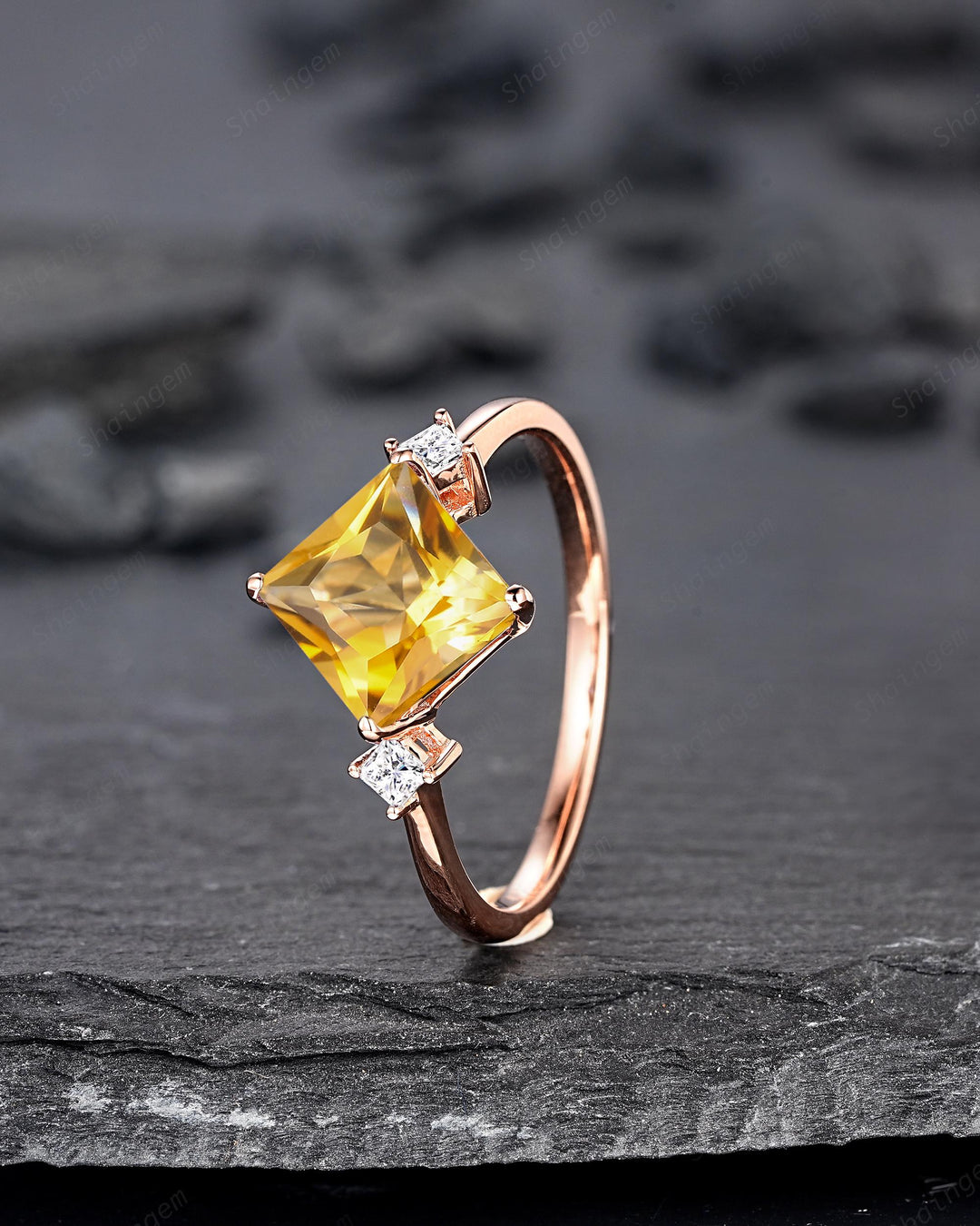 Vintage Princess Cut Natural Yellow Citrine Engagement Ring, Unique Rose Gold Three Stones Wedding Promise Ring Anniversary Gift for Women - ShainJewelry