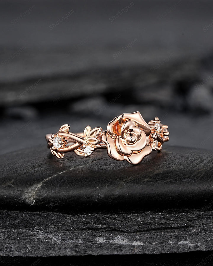 Unique Rose June Birth Flower Engagement Ring, Nature Inspired Leaf Promise Wedding Ring Rose Gold Twig Branch Vine Anniversary Gift for Her - ShainJewelry