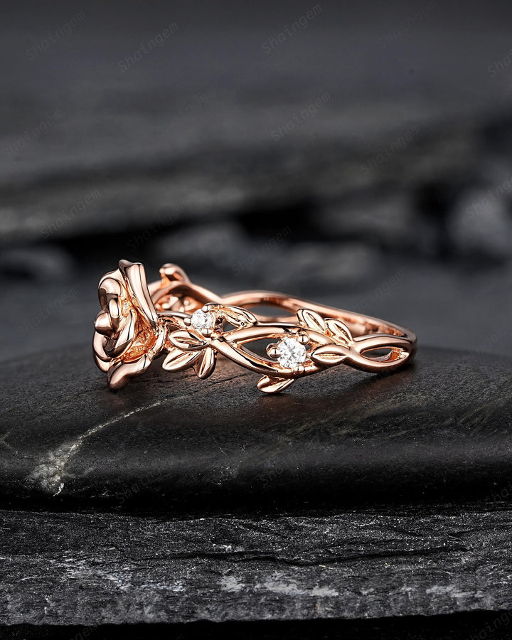 Unique Rose June Birth Flower Engagement Ring, Nature Inspired Leaf Promise Wedding Ring Rose Gold Twig Branch Vine Anniversary Gift for Her - ShainJewelry