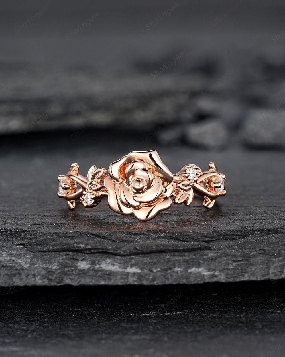 Unique Rose June Birth Flower Engagement Ring, Nature Inspired Leaf Promise Wedding Ring Rose Gold Twig Branch Vine Anniversary Gift for Her - ShainJewelry