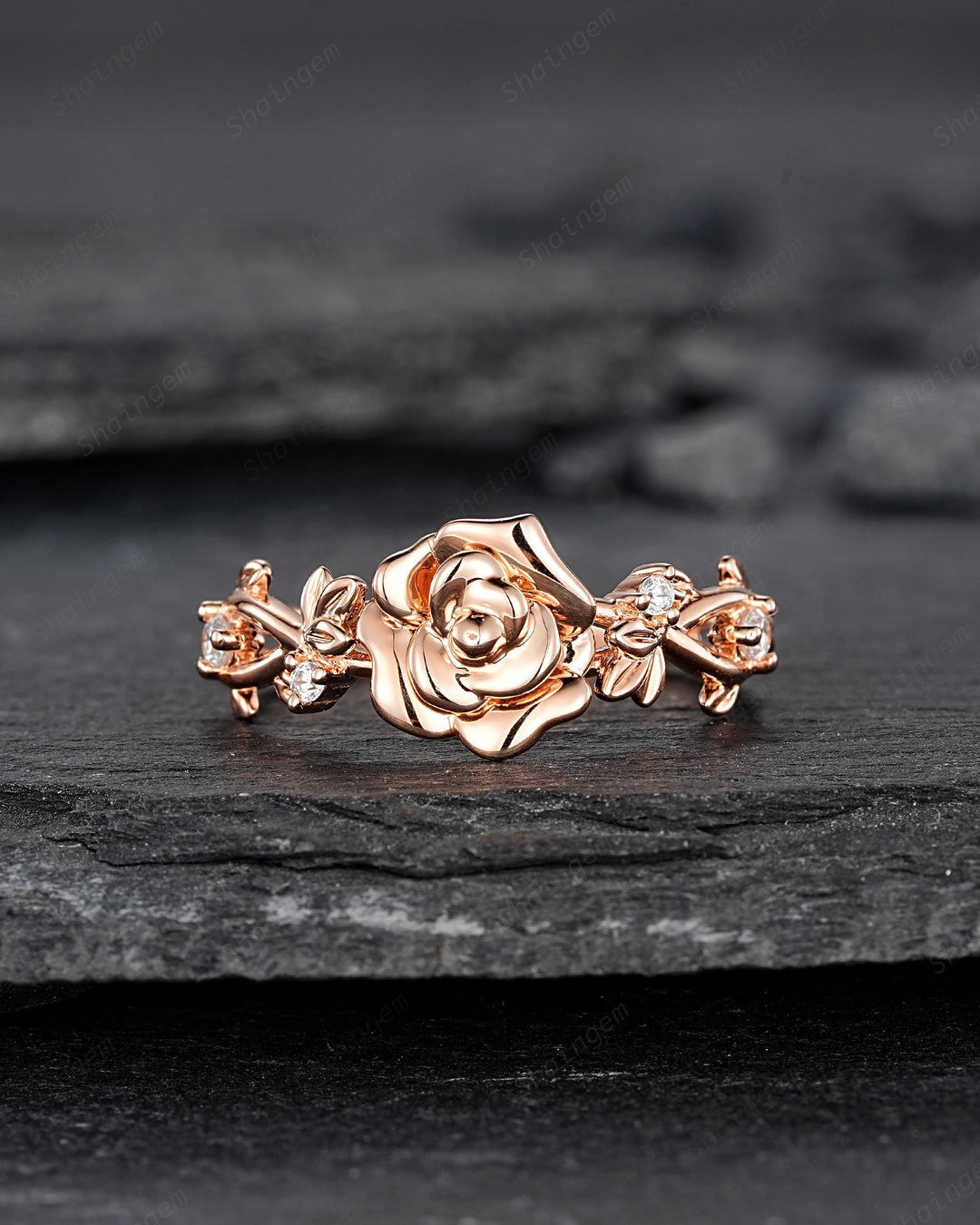 Unique Rose June Birth Flower Engagement Ring, Nature Inspired Leaf Promise Wedding Ring Rose Gold Twig Branch Vine Anniversary Gift for Her - ShainJewelry