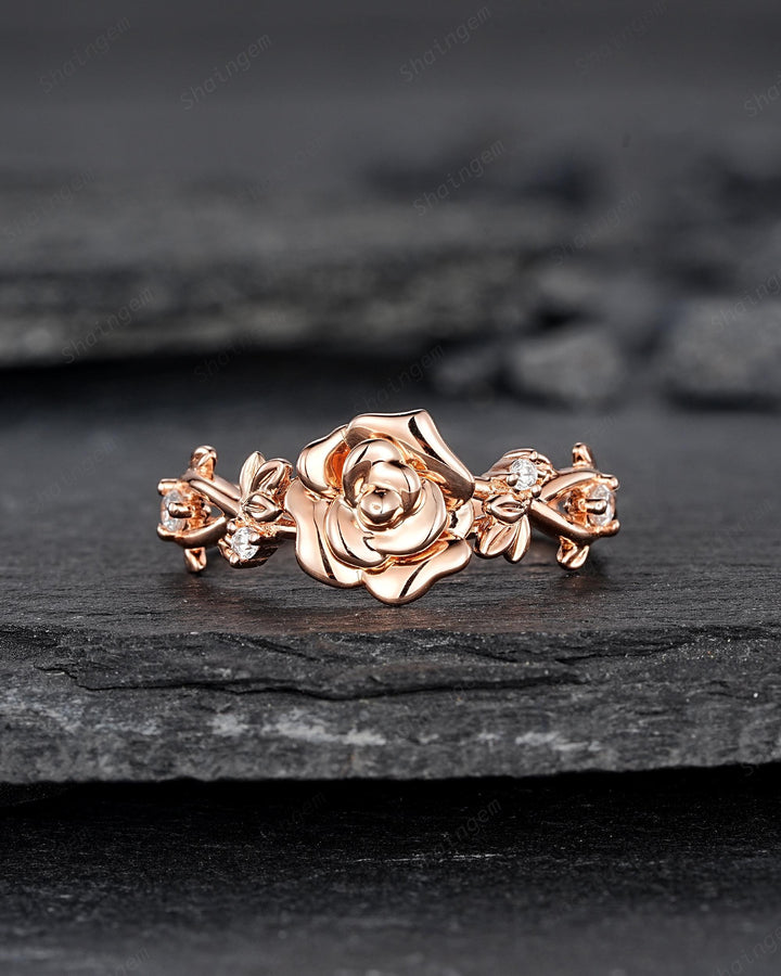 Unique Rose June Birth Flower Engagement Ring, Nature Inspired Leaf Promise Wedding Ring Rose Gold Twig Branch Vine Anniversary Gift for Her - ShainJewelry