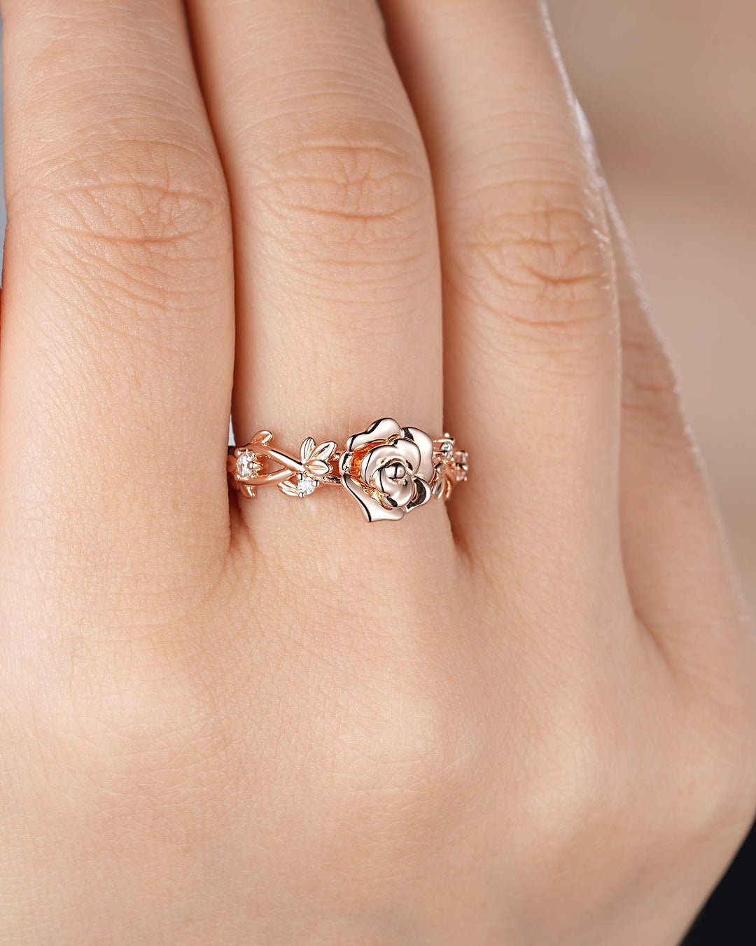 Unique Rose June Birth Flower Engagement Ring, Nature Inspired Leaf Promise Wedding Ring Rose Gold Twig Branch Vine Anniversary Gift for Her - ShainJewelry