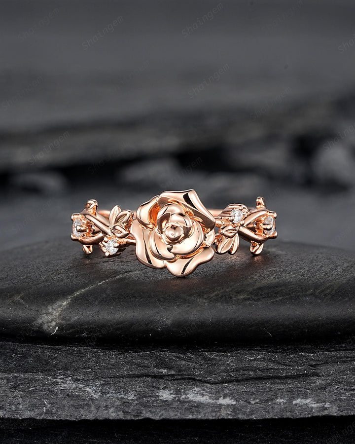 Unique Rose June Birth Flower Engagement Ring, Nature Inspired Leaf Promise Wedding Ring Rose Gold Twig Branch Vine Anniversary Gift for Her - ShainJewelry