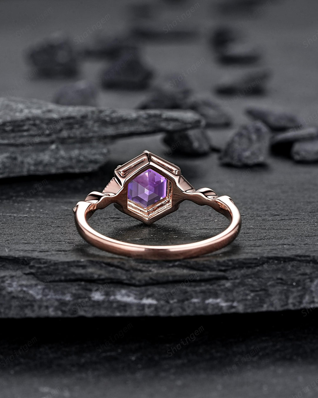 Vintage Hexagon Cut Purple Sapphire Full Milgrain Engagement Ring, Unique Half Eternity Promise Ring Rose Gold Wedding Ring for Women Her - ShainJewelry