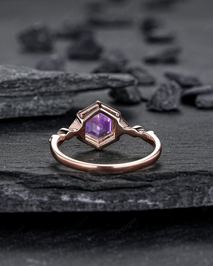 Vintage Hexagon Cut Purple Sapphire Full Milgrain Engagement Ring, Unique Half Eternity Promise Ring Rose Gold Wedding Ring for Women Her - ShainJewelry