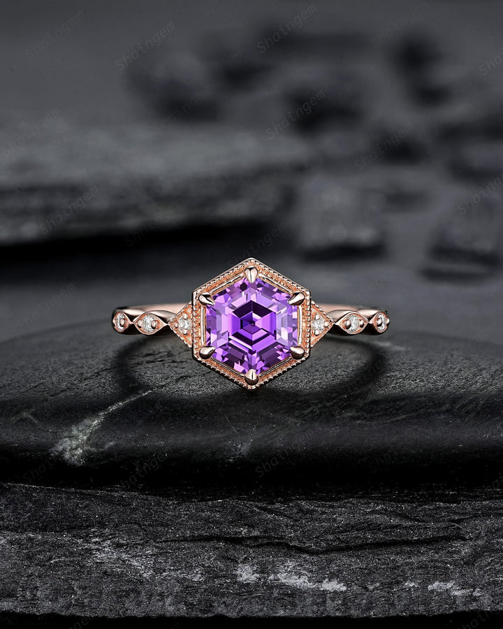 Vintage Hexagon Cut Purple Sapphire Full Milgrain Engagement Ring, Unique Half Eternity Promise Ring Rose Gold Wedding Ring for Women Her - ShainJewelry