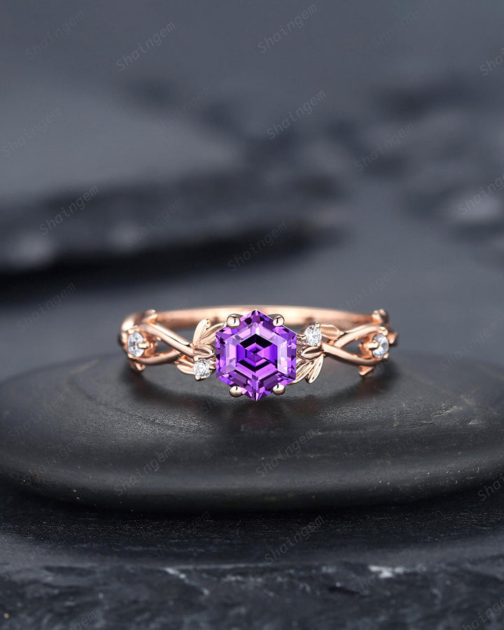 Vintage Hexagon Cut Purple Sapphire Leaf Engagement Ring Nature Inspired Dainty Twig Promise Ring Unique Rose Gold Wedding Ring for Women - ShainJewelry