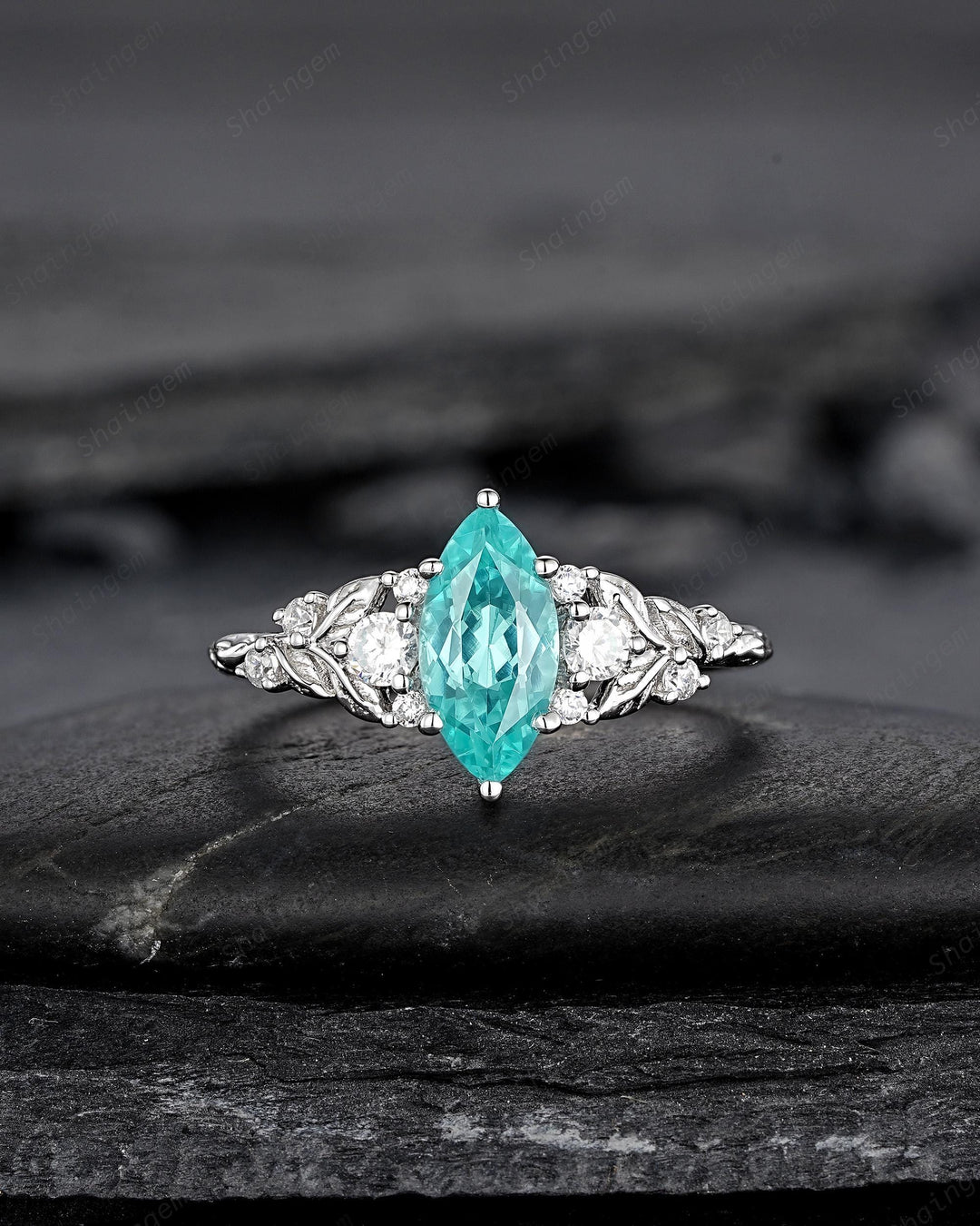 Nature Inspired Platinum Marquise Cut Paraiba Blue Tourmaline Engagement Ring, Unique White Gold Promise Ring Silver Leaf Wedding Ring Women - ShainJewelry