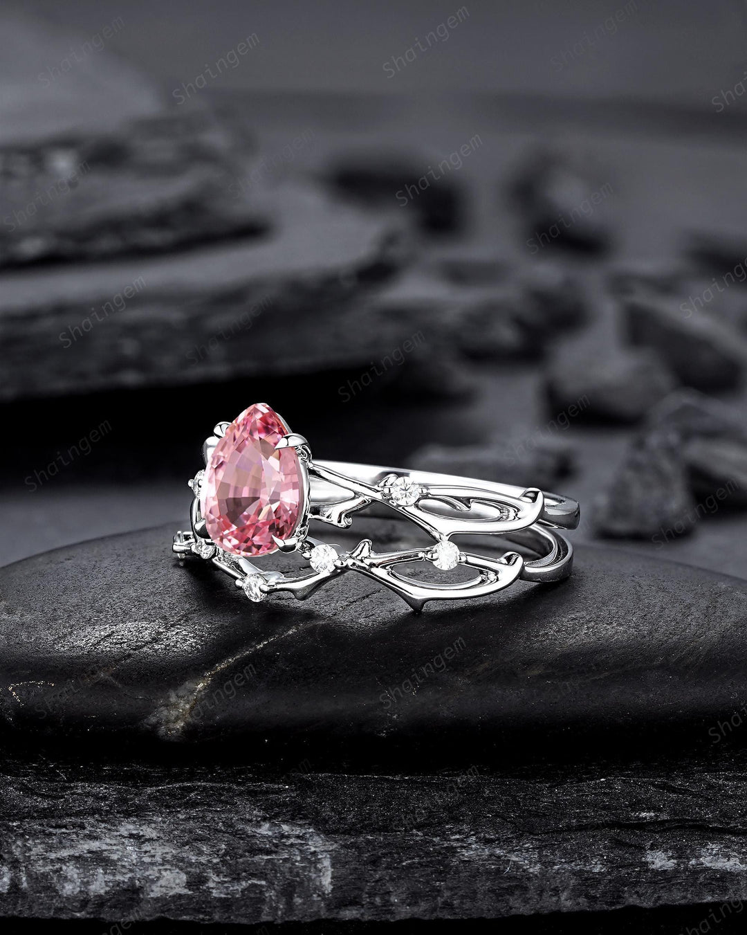 Vintage White Gold Pear Shape Pink Sapphire Engagement Ring Set, Platinum Twig Branch Wedding Promise Ring Anniversary Gift for Mom Women - ShainJewelry