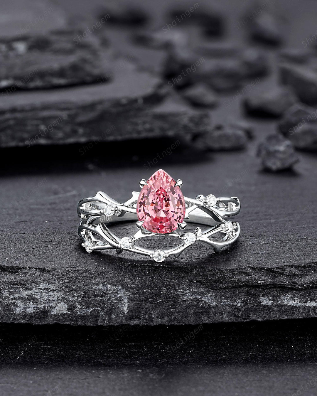 Vintage White Gold Pear Shape Pink Sapphire Engagement Ring Set, Platinum Twig Branch Wedding Promise Ring Anniversary Gift for Mom Women - ShainJewelry