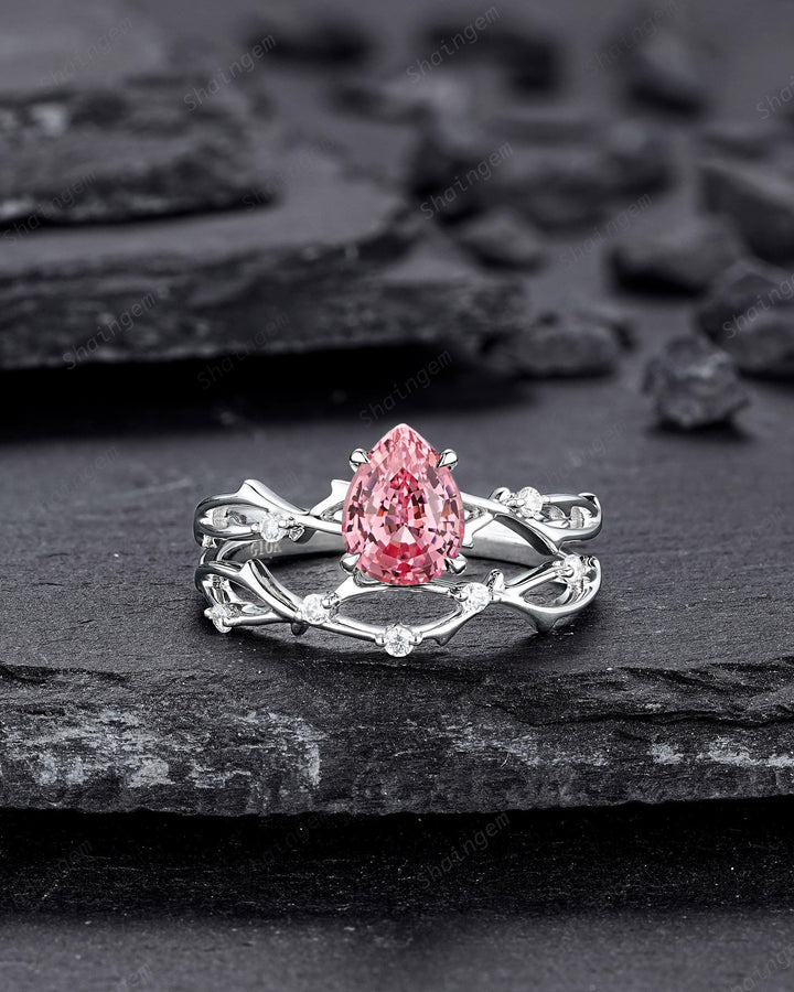 Vintage White Gold Pear Shape Pink Sapphire Engagement Ring Set, Platinum Twig Branch Wedding Promise Ring Anniversary Gift for Mom Women - ShainJewelry