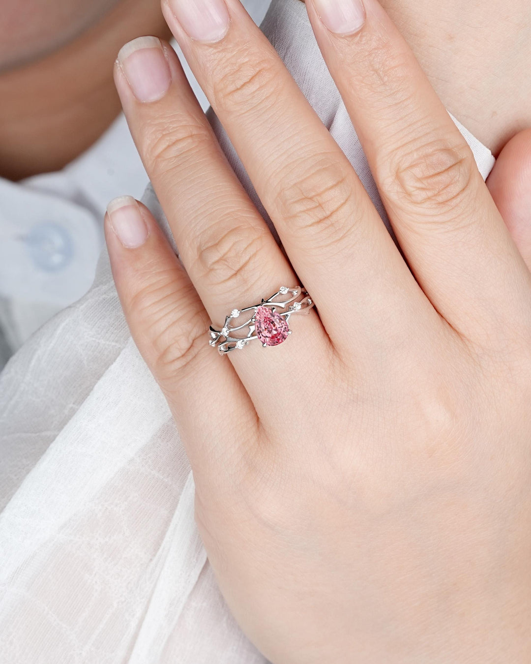 Vintage White Gold Pear Shape Pink Sapphire Engagement Ring Set, Platinum Twig Branch Wedding Promise Ring Anniversary Gift for Mom Women - ShainJewelry