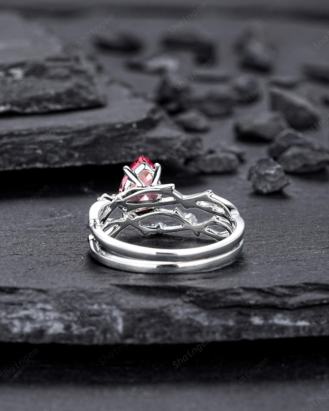 Vintage White Gold Pear Shape Pink Sapphire Engagement Ring Set, Platinum Twig Branch Wedding Promise Ring Anniversary Gift for Mom Women - ShainJewelry