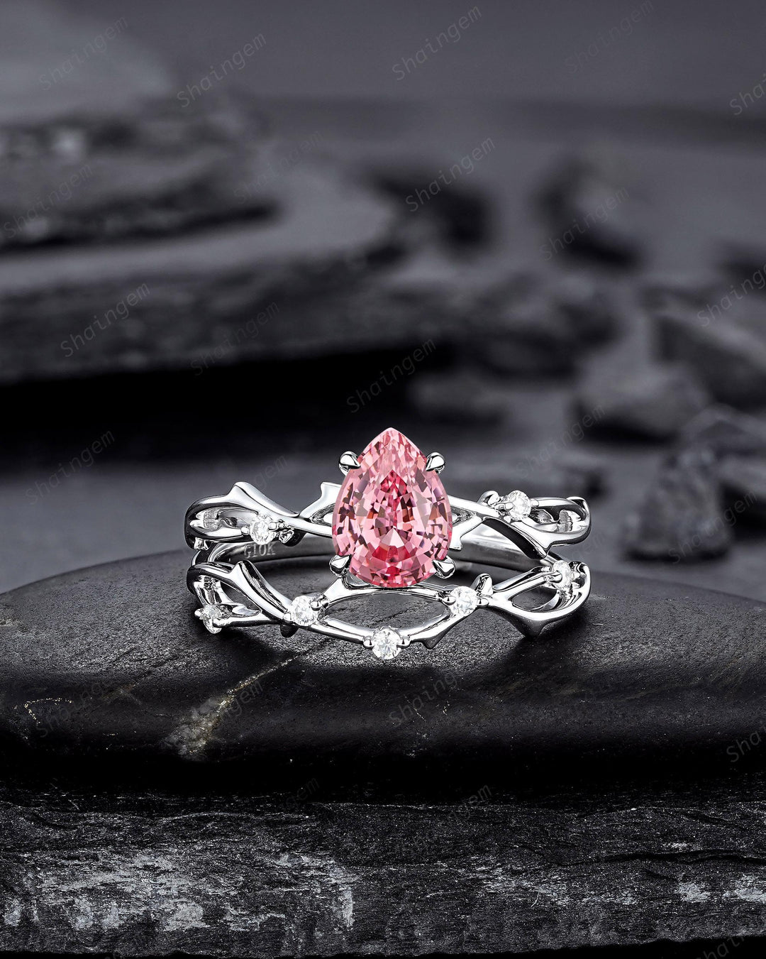 Vintage White Gold Pear Shape Pink Sapphire Engagement Ring Set, Platinum Twig Branch Wedding Promise Ring Anniversary Gift for Mom Women - ShainJewelry