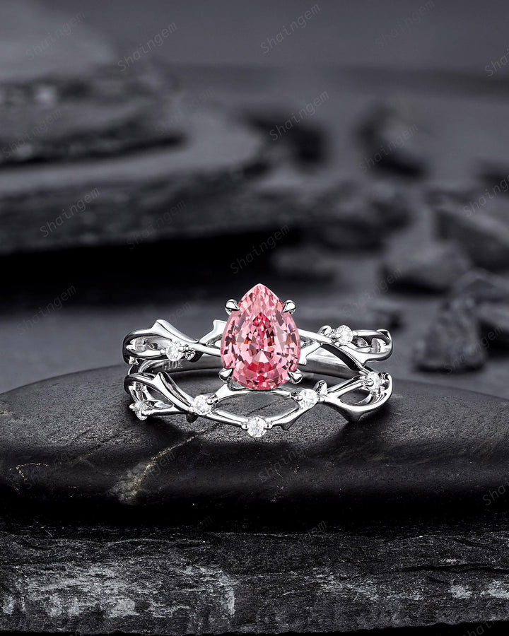 Vintage White Gold Pear Shape Pink Sapphire Engagement Ring Set, Platinum Twig Branch Wedding Promise Ring Anniversary Gift for Mom Women - ShainJewelry