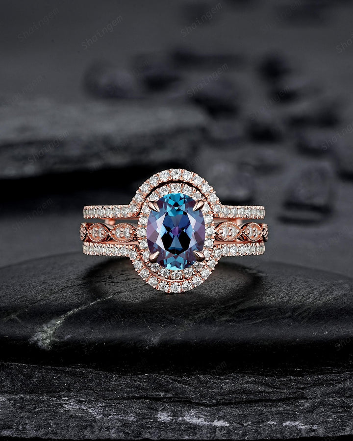 3PCS Oval Shape Alexandrite Engagement Rings, V Shape Ring Guard Spacer Curved Soldered Band Halo Rose Gold Wedding Promise Ring for Woman - ShainJewelry