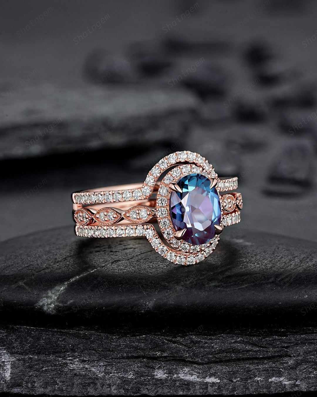 3PCS Oval Shape Alexandrite Engagement Rings, V Shape Ring Guard Spacer Curved Soldered Band Halo Rose Gold Wedding Promise Ring for Woman - ShainJewelry