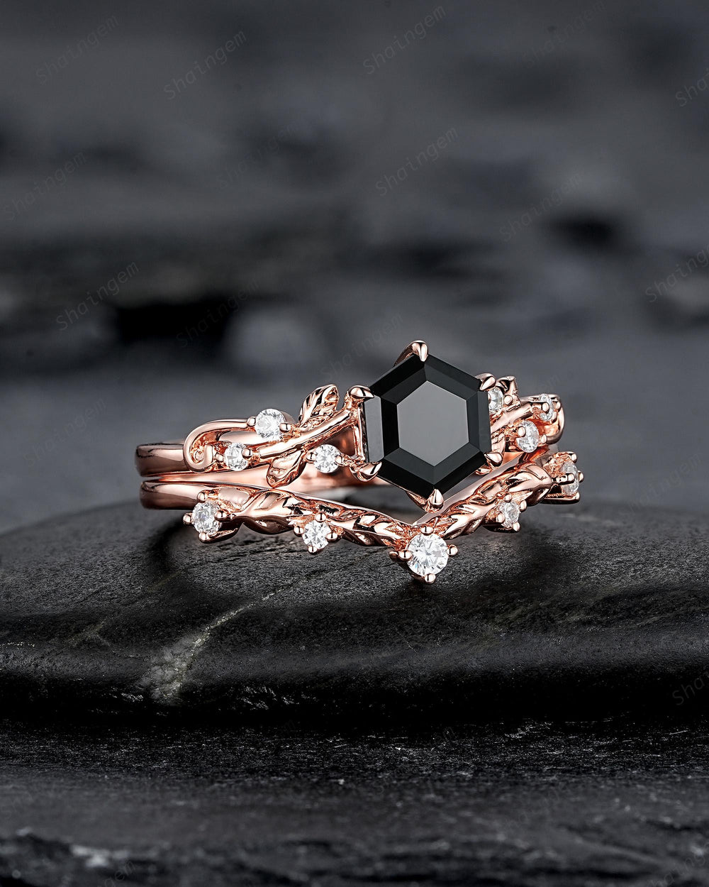 Nature Inspired Hexagon Cut Natural Black Onyx Leaf Engagement Ring, Twig Branch Rose Gold Black Stone Vine Wedding Promise Ring for Women - ShainJewelry