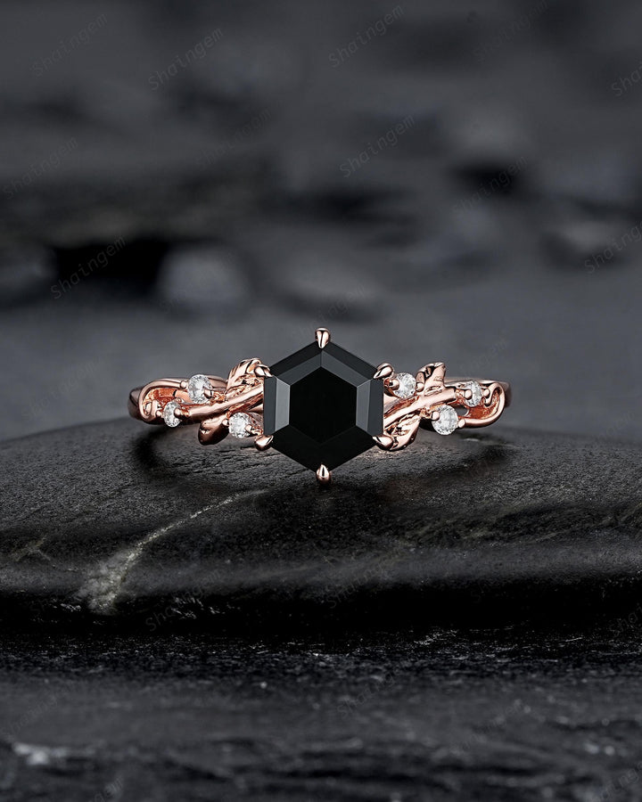 Nature Inspired Hexagon Cut Natural Black Onyx Leaf Engagement Ring, Twig Branch Rose Gold Black Stone Vine Wedding Promise Ring for Women - ShainJewelry