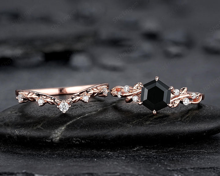 Nature Inspired Hexagon Cut Natural Black Onyx Leaf Engagement Ring, Twig Branch Rose Gold Black Stone Vine Wedding Promise Ring for Women - ShainJewelry