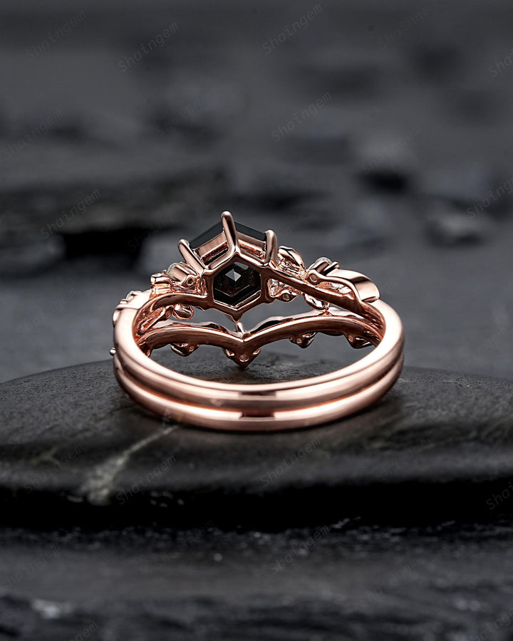 Nature Inspired Hexagon Cut Natural Black Onyx Leaf Engagement Ring, Twig Branch Rose Gold Black Stone Vine Wedding Promise Ring for Women - ShainJewelry