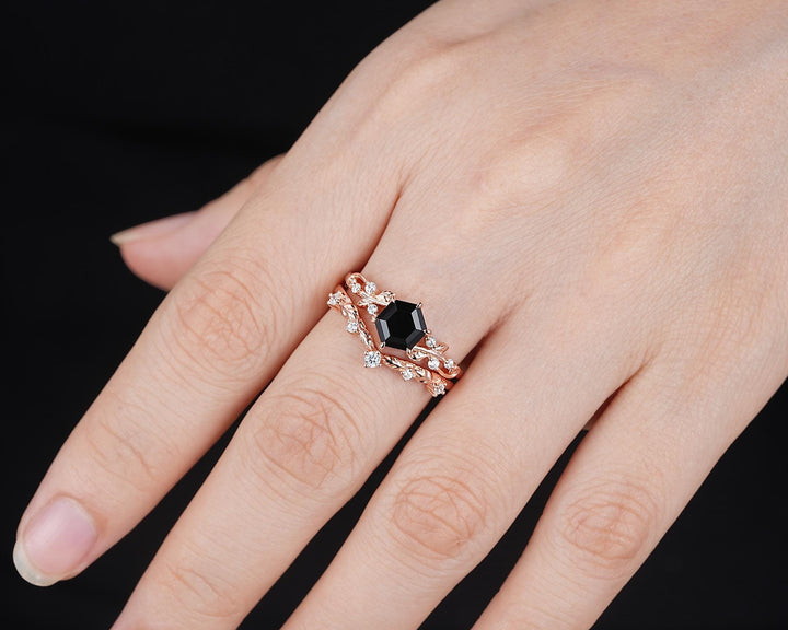 Nature Inspired Hexagon Cut Natural Black Onyx Leaf Engagement Ring, Twig Branch Rose Gold Black Stone Vine Wedding Promise Ring for Women - ShainJewelry
