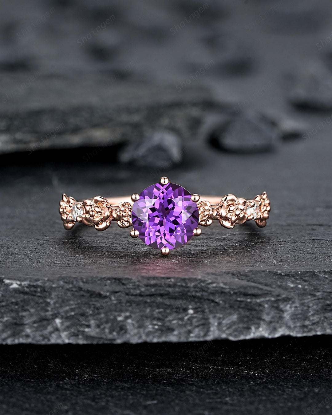 Nature Inspired Round Cut Violet Purple Sapphire Engagement Ring, Vintage Rose Flower Wedding Ring, Rose Gold Floral Promise Ring Gift Women - ShainJewelry